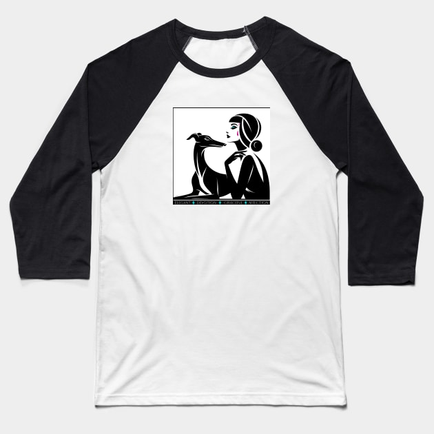 Greyhound Dog And Woman Art Deco Baseball T-Shirt by Greyhounds Are Greyt